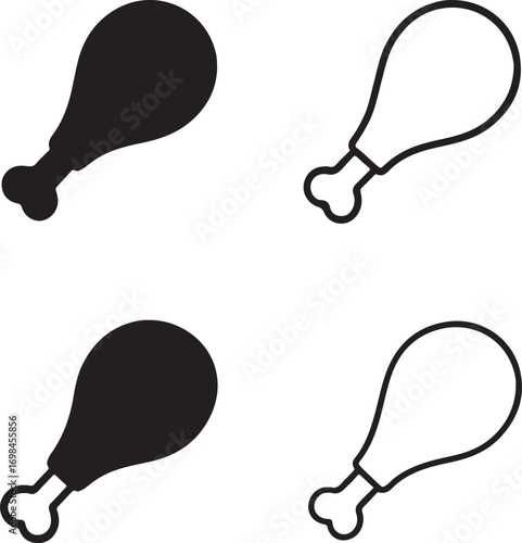 Isolated chicken leg icons, black meat food vector, minimal drumstick silhouette, outline chicken leg symbol, fast food clipart, editable vector chicken icon set