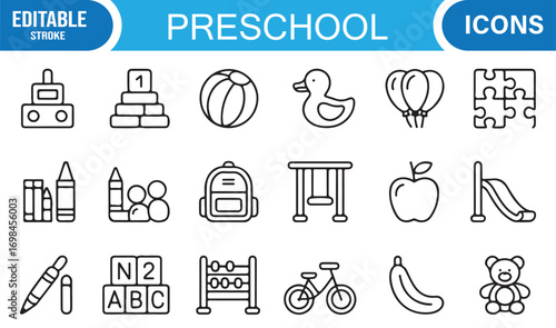 Kindergarten and children’s toy outline vector set featuring apple, pencils, puzzle, and abacus