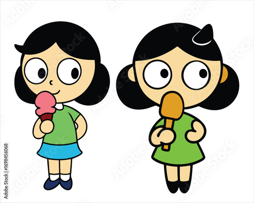 Cartoon Girls Eating Ice Cream – Cute Vector Illustration of Summer Treats