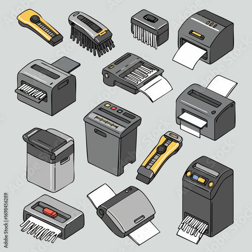 Isometric Pixel Art Office Shredder and Printer Collection Illustration Set