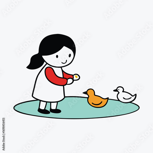 Cartoon Girl Feeding Ducks – Cute Vector Illustration by a Pond