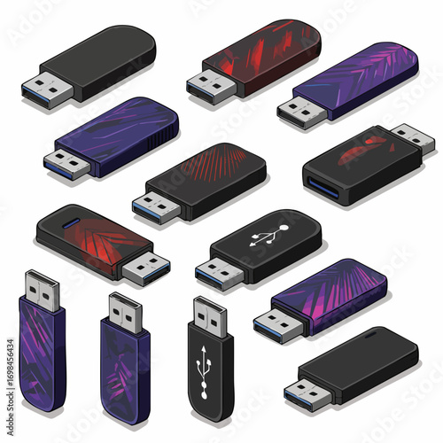 Isometric Detailed USB Drive Design Collection Technology Device Illustration