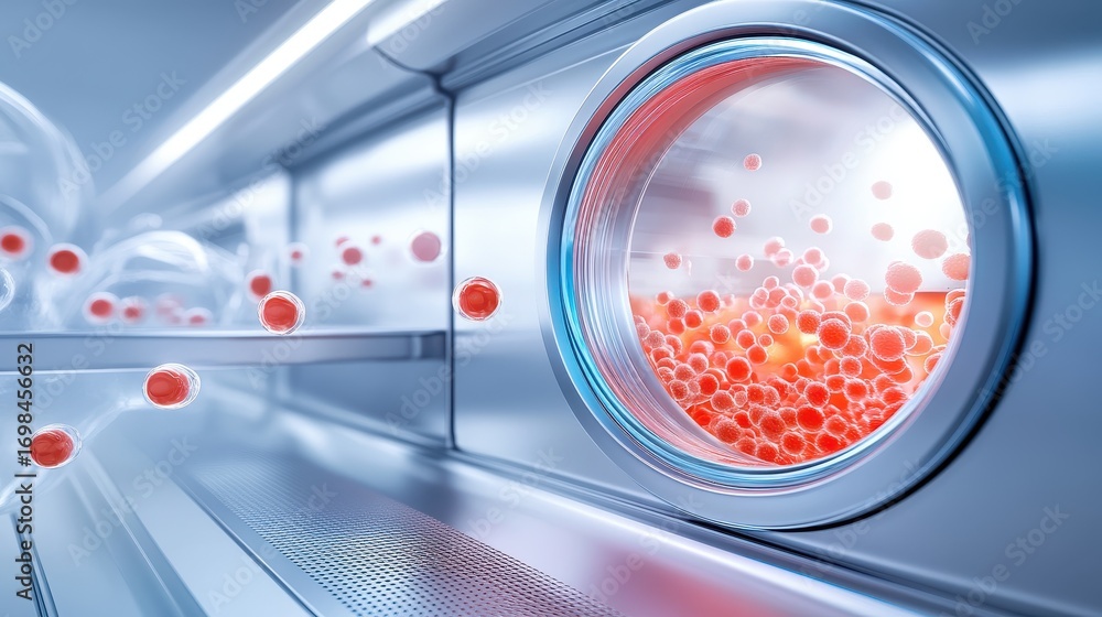 Fototapeta premium Futuristic laboratory interior showcasing advanced research equipment with vibrant red particles and metallic surfaces in a sleek environment