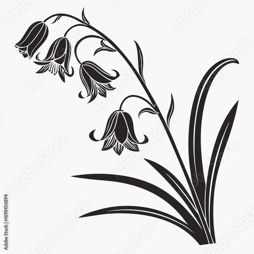 Black silhouette of a blooming bluebell flower with leaves