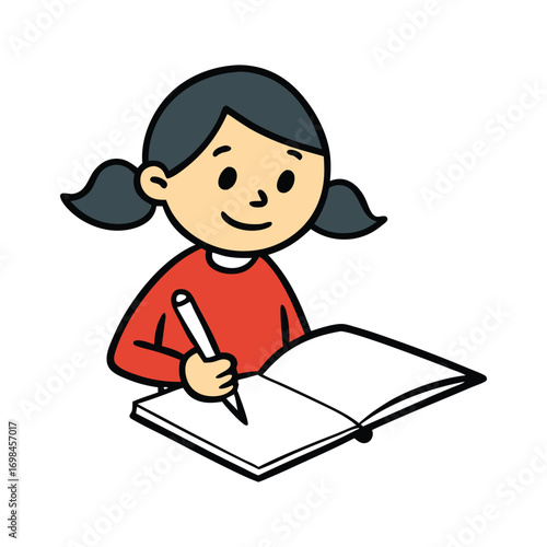 Cartoon Girl Drawing in Sketchbook – Cute Vector Illustration with Pencil