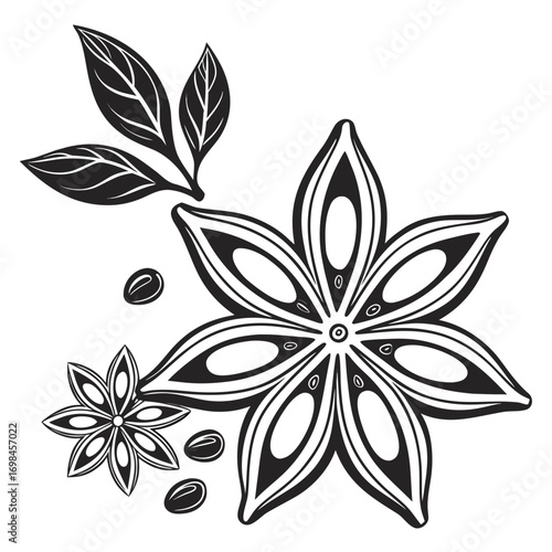 Stylized black and white illustration of star anise pods and leaves