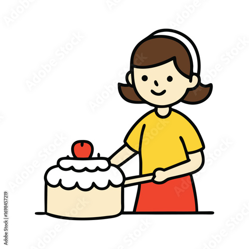 Cartoon Girl Decorating Cake with Cream and Cherry