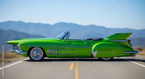 Vibrant lime green custom vintage convertible with dramatic tailfins on highway.
