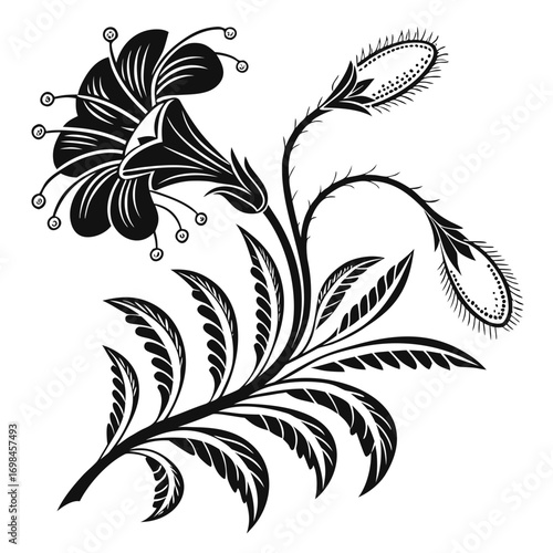 Elegant black and white floral design with buds and leaves
