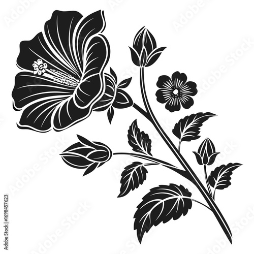 Black silhouette of a hibiscus flower branch with buds and leaves