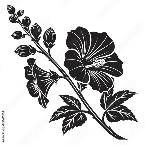 Black and white silhouette of hibiscus flowers and buds on a branch