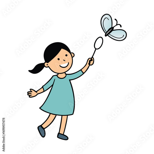 Cartoon Girl Catching Butterfly with Net – Cute Vector Illustration