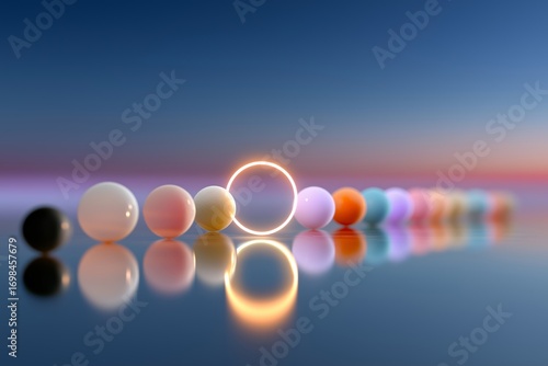 Abstract spheres with glowing ring on reflective surface at sunrise