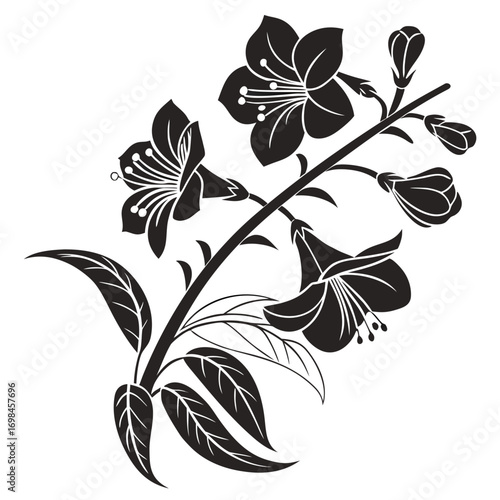 Black and white silhouette of a flowering branch with leaves and buds
