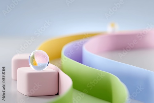 Colorful marble and wavy tracks on pastel background