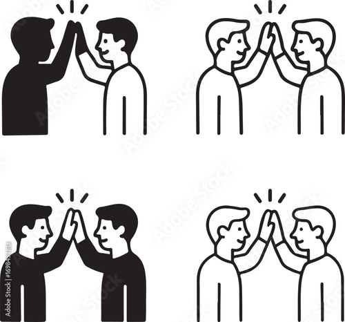 Isolated high five icons, black teamwork vector, minimal success silhouette, outline celebration symbol, friendship gesture clipart, editable vector high five icon set