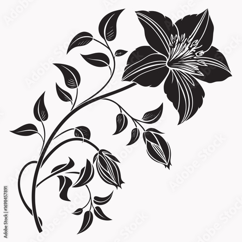 Elegant black silhouette of a blooming flower with leaves and buds on a white background