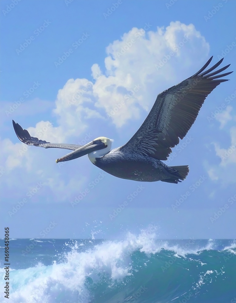 Fototapeta premium Pelican soaring above waves