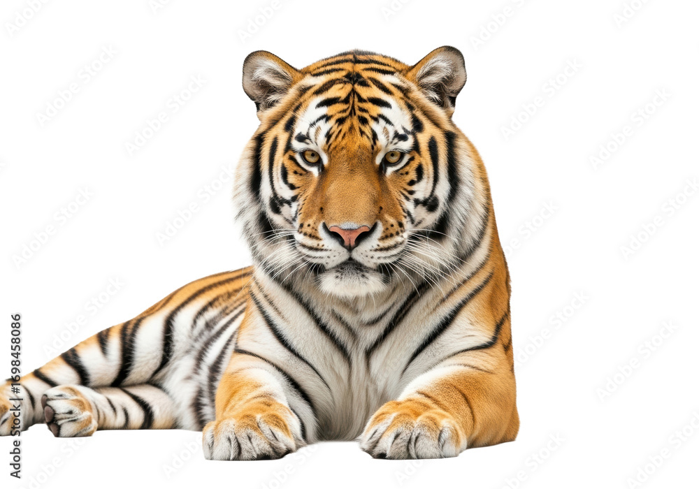 Obraz premium Adult majestic siberian tiger with vibrant orange and black stripes, intense amber eyes, powerful paws, lying down on a transparent studio background with copy space, concept of raw animal power