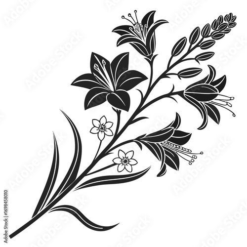 Black and white floral design with lilies and small flowers