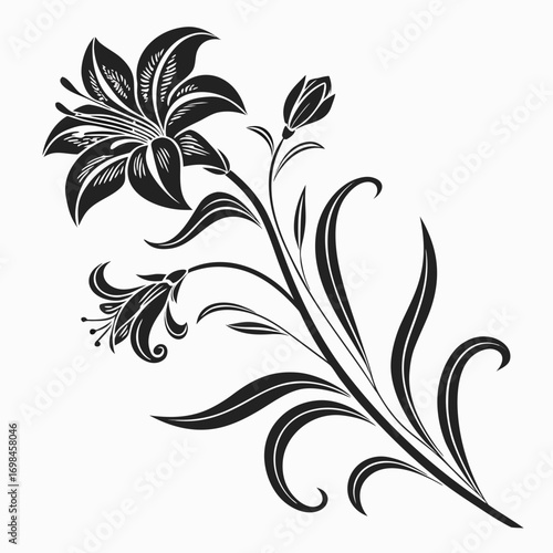 Elegant black lily flower silhouette with buds and leaves