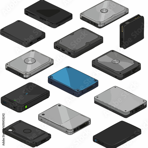 Isometric Detailed Hard Drive Variety Style Collection Technology Device Component