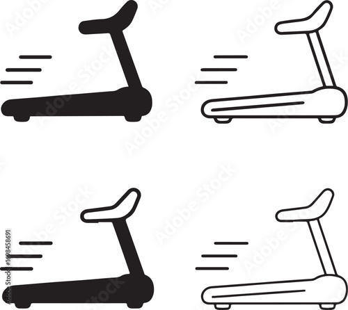 Isolated treadmill icons, black treadmill vector, minimal fitness run silhouette, outline gym equipment symbol, workout machine clipart, editable vector treadmill icon set