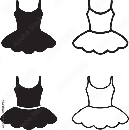 Isolated tutu icons, black ballet tutu vector, minimal skirt silhouette, outline dance costume symbol, ballerina outfit clipart, editable vector tutu icon set