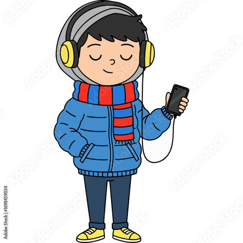 Young people in winter clothes listening to music: This is a great image for apps, platforms, or ads related to music, podcasts, or audiobooks.