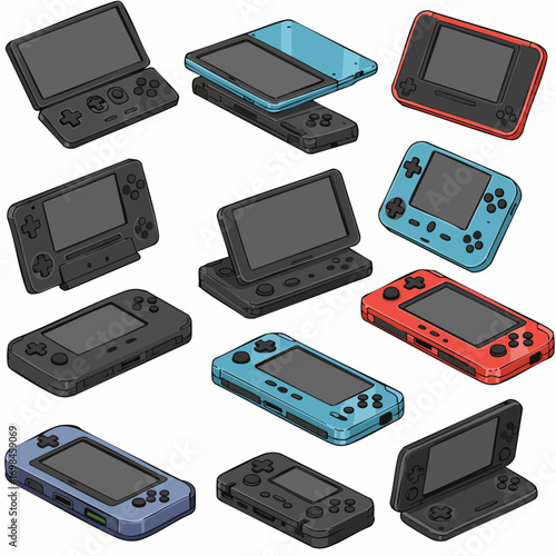 Pixelated Isometric Handheld Console Gaming Device Collection Illustration