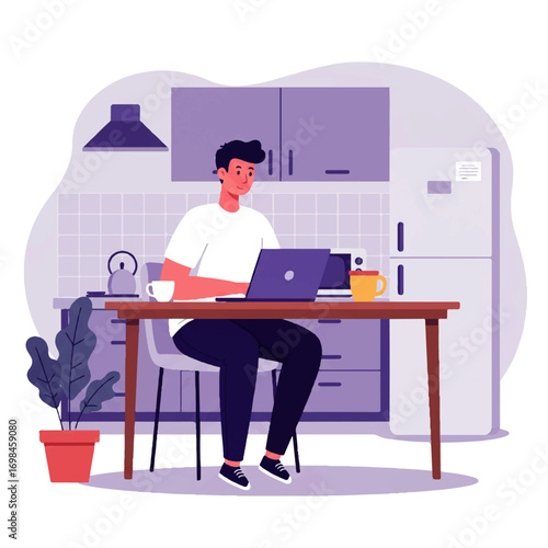A young man sits at a kitchen table, working on a laptop, surrounded by kitchen appliances and plants