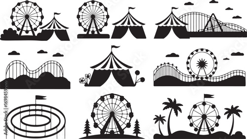 Amusement Park Silhouette Collection Funfair Attractions Carnival Rides and Tents Vector Illustration