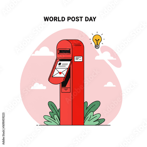 Red postbox with letter, celebrating World Post Day, idea lightbulb