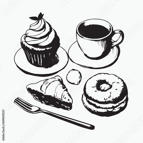 set of coffee and cakes