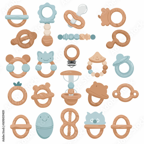 Gentle Pastel Color Teether Toys Collection for Baby Products Illustration