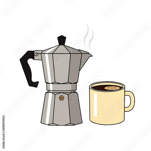 A steaming coffee maker and a full mug of freshly brewed coffee