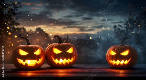 Glowing Halloween pumpkins with scary faces carved jack o lanterns in dark night atmosphere, Spooky background