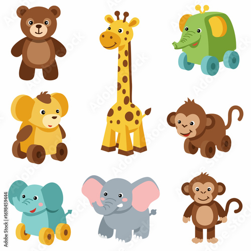 Flat Cute Animal Plushie Toy Illustration of Bear Giraffe Monkey Elephant