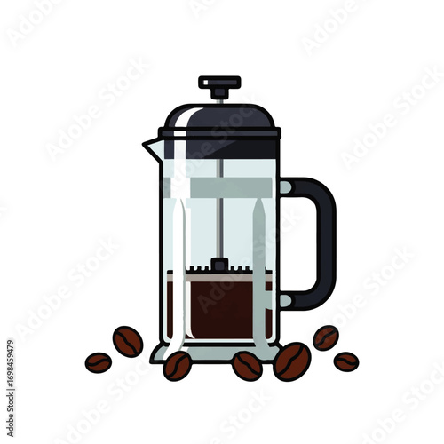 Illustration of a French press coffee maker with coffee inside, surrounded by scattered coffee beans