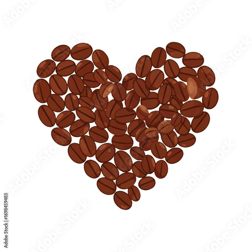 Heart-shaped arrangement of coffee beans, a symbol of love for coffee