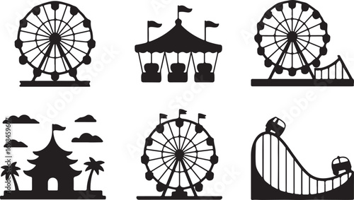 Amusement Park Fun Fair Ferris Wheel Silhouette Illustration with Classic Ride and Entertainment Icon