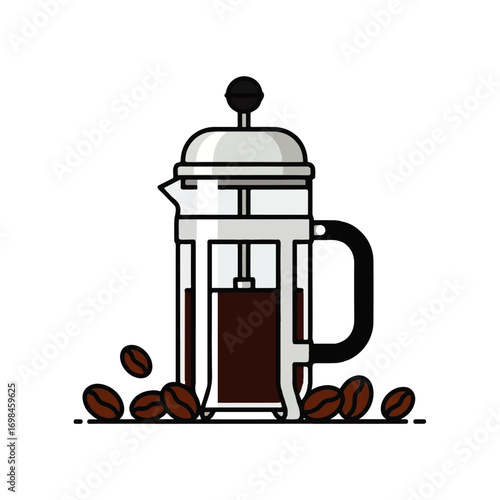 A stylized illustration of a French press coffee maker filled with dark coffee, surrounded by coffee beans
