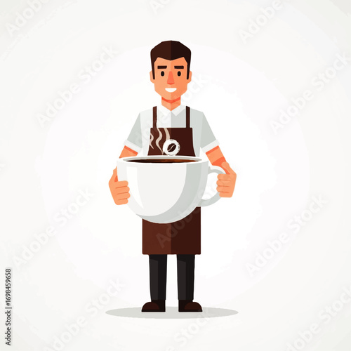 A smiling barista holding a giant coffee cup, steam rising from the beverage