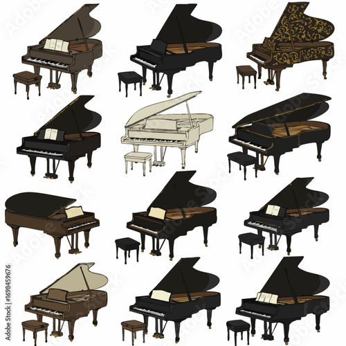Colorful Detailed Grand Piano Assortment in Different Shades and Styles Musical Instrument