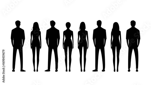Silhouette group people man woman standing black human figure crowd person body shape full length vector art