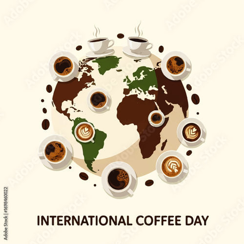 A stylized world map, surrounded by coffee cups, celebrates International Coffee Day