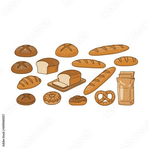 Set of different types of bread and bakery products. Simple elements 