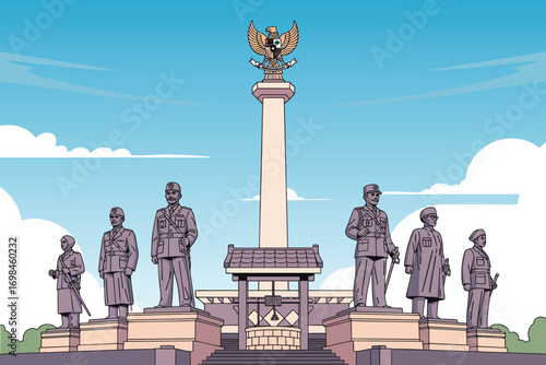 Illustration of the Pancasila Sakti Monument in Jakarta with statues of heroes