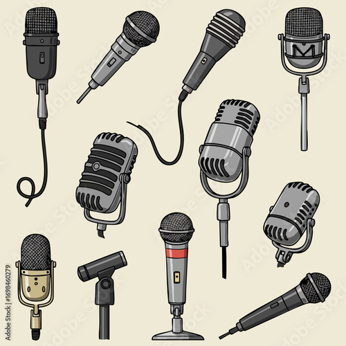 Hand Drawn Microphone Collection Detailed Drawing Style Vintage Sound Equipment