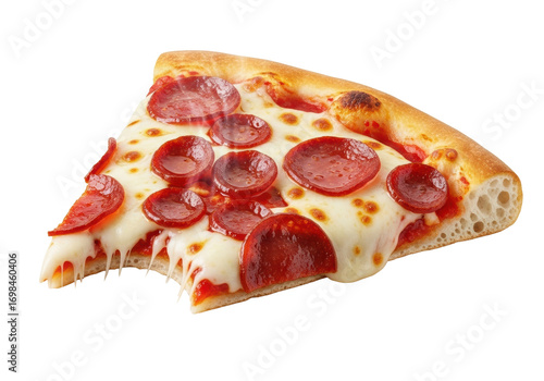 Perfectly baked pepperoni pizza slice with molten mozzarella, crispy pepperoni, golden crust, bite taken, subtle steam, isolated on transparent, commercial food advertising